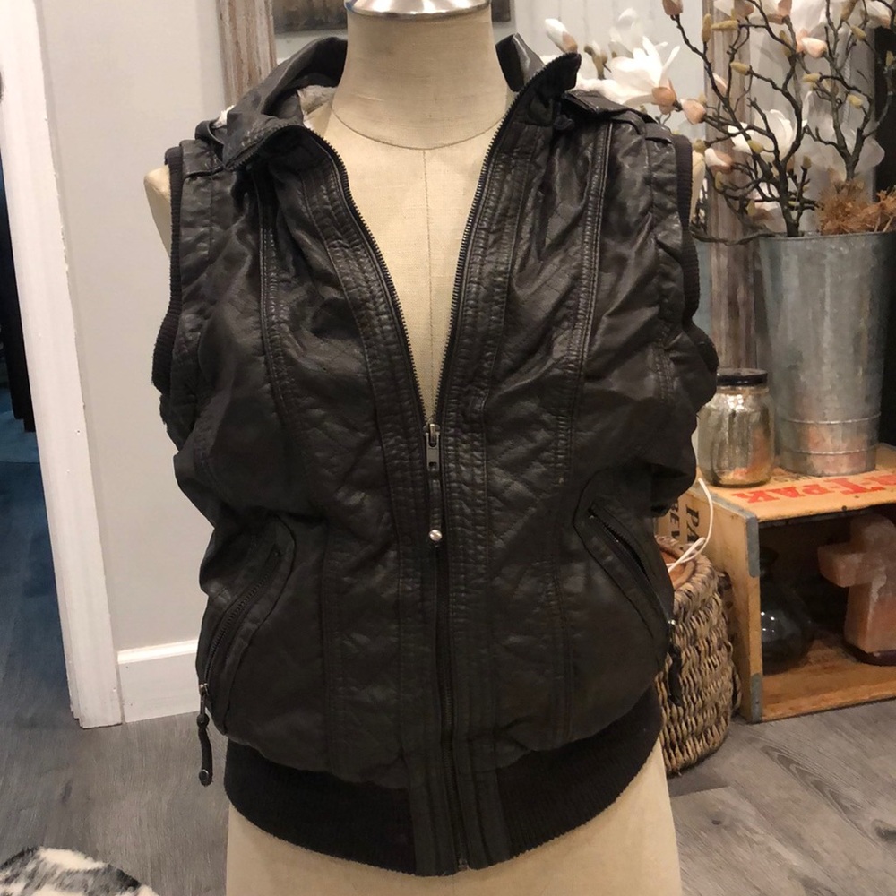 Grey Faux Leather Vest With Fur